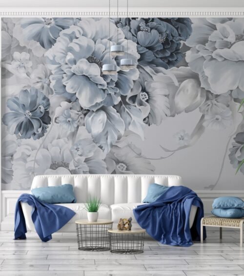 Papier peint Peony Elegance gris bleu, motif floral détaillé