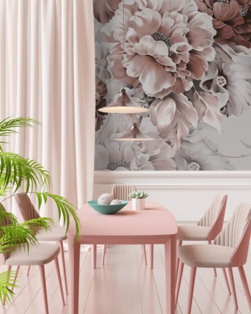 Papier peint Peony Elegance 3 gris rose, motif floral détaillé