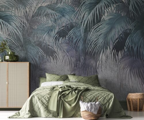 Papier peint Palm Forest 2 aux couleurs gris, bleu et vert