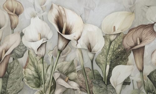 Papier peint Lyrical Garden gris vert rose et multicolore