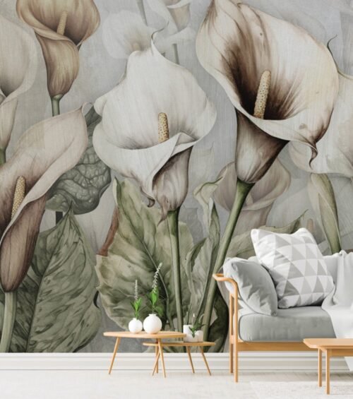 Papier peint Lyrical Garden gris vert rose motifs floraux