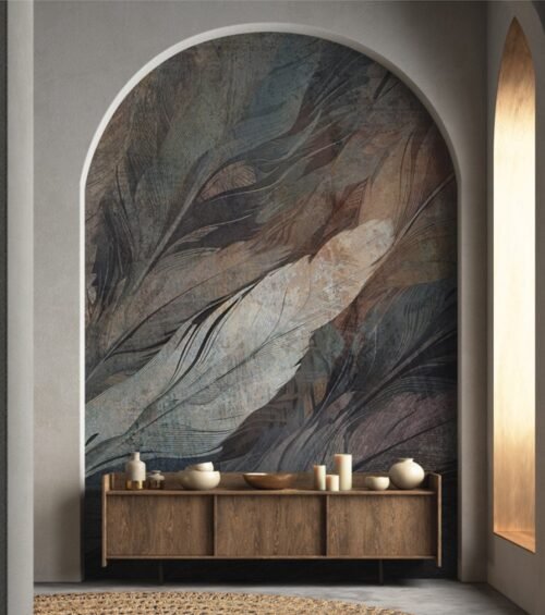 Papier peint Featherscape avec motifs marron, bleu et multicolore