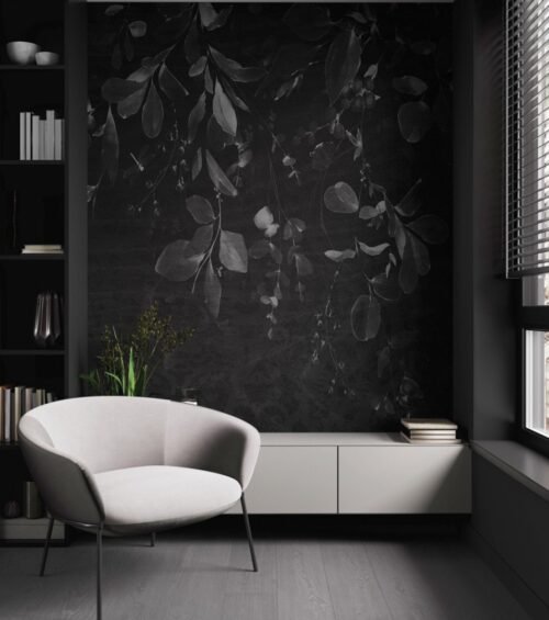 Papier peint Hanging Leaves noir et blanc avec motifs de feuilles suspendues