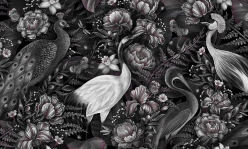 Papier peint Garden Delights noir avec motif floral détaillé