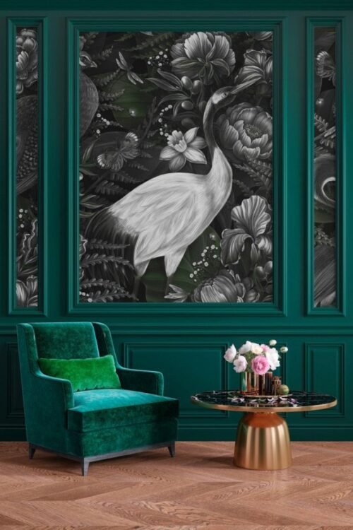 Papier peint Garden Delights 2 gris vert, motif végétal, pose sur mur propre et sec.