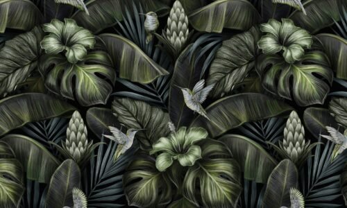 Papier peint Botanical Bliss aux motifs botaniques noir, vert et multicolore