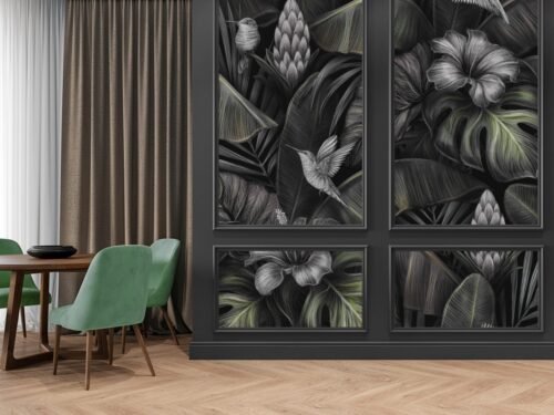 Papier peint Botanical Bliss 2 gris, noir et vert
