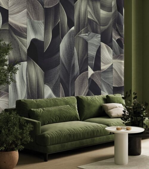 Papier peint tropical noir et vert avec motifs de feuillages