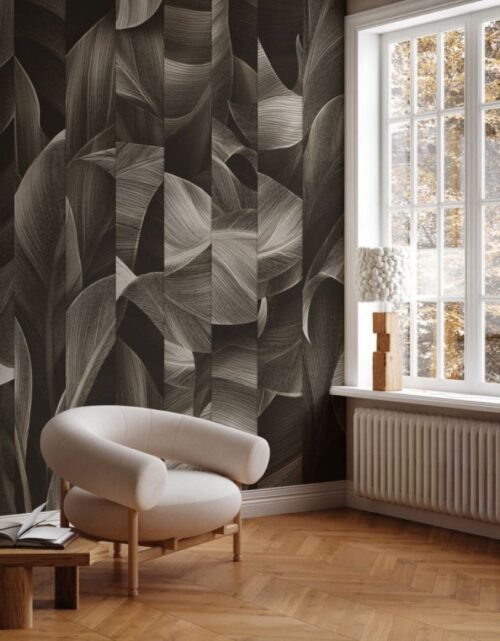 Papier peint tropical noir et marron avec motifs végétaux