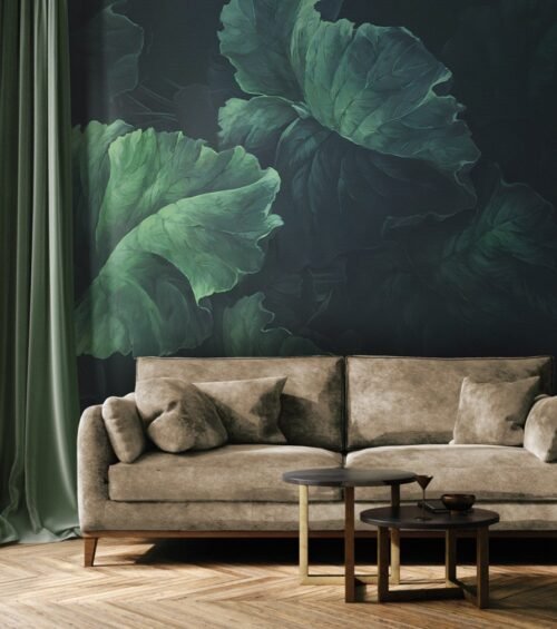 Papier peint Green lush noir et vert motif feuillage naturel