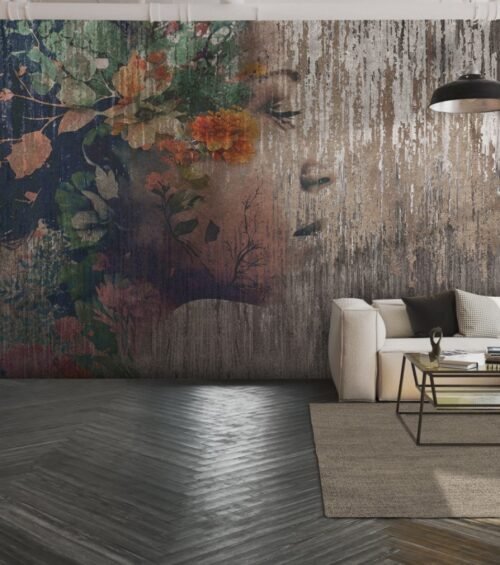 Papier peint floral vert et multicolore sur mur intérieur