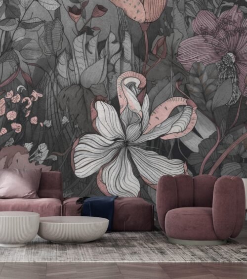 Papier peint Bloosom gris rose multicolore sur mur
