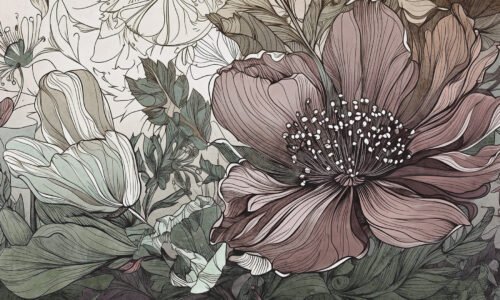 Papier peint avec motifs floraux verts et roses