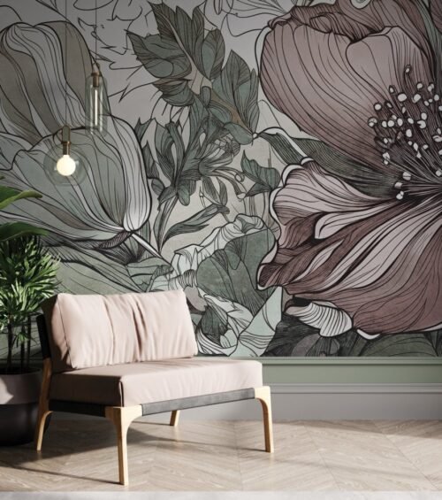 Papier peint avec motifs floraux verts et roses