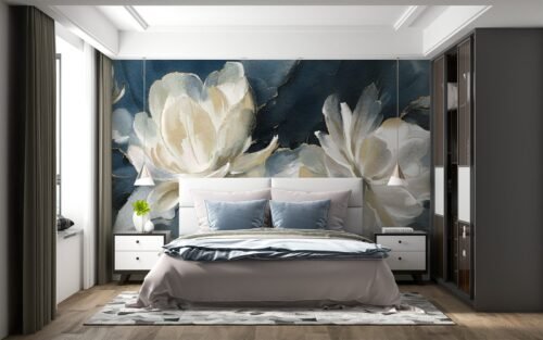 Papier peint Lotus Palette bleu avec motifs floraux délicats