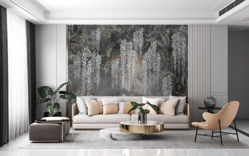Papier peint Grapevine Elegance 3 gris avec motif vigne détaillé
