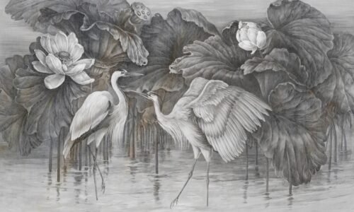 Papier peint Heron Haze gris noir blanc motif heron