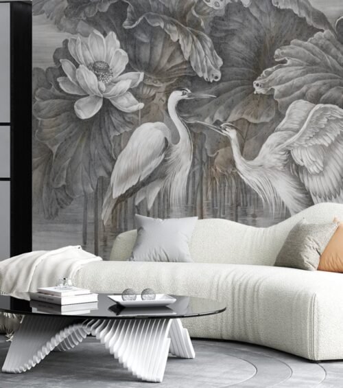 Papier peint Heron Haze gris noir blanc motif heron