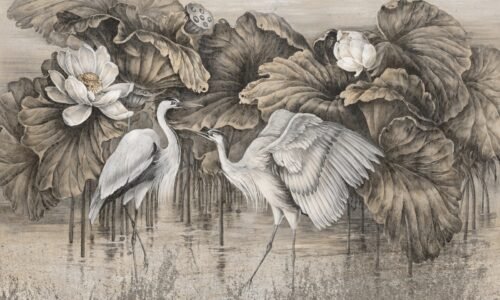 Papier peint Heron Haze 2 en noir et blanc