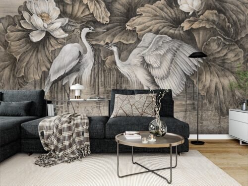 Papier peint Heron Haze 2 en noir et blanc, motif graphique