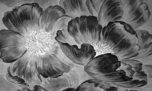 Papier peint floral noir et blanc avec motifs végétaux détaillés