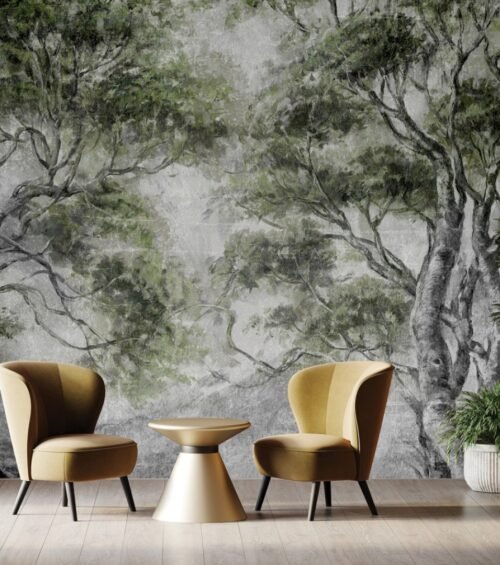 Papier peint Forest Escape gris vert décoratif murale