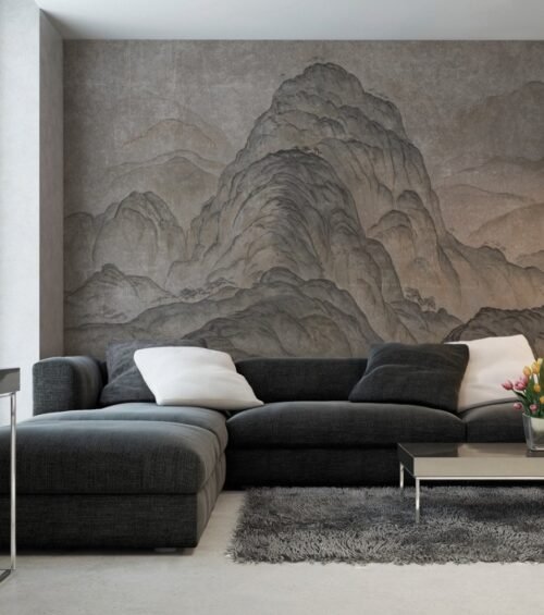 Papier peint Peaky Panorama gris, motif géométrique moderne, pose sur surface propre et sèche.