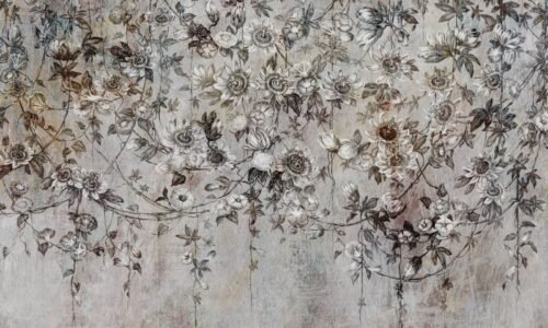 Papier peint Passiflora gris, marron et multicolore avec motifs floraux