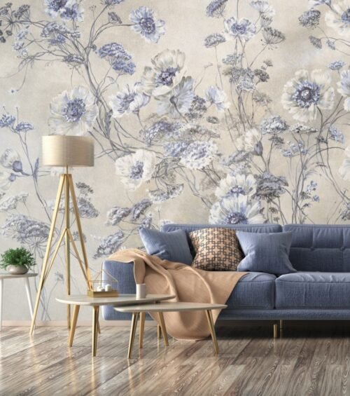 Papier peint floral gris et bleu avec motifs détaillés