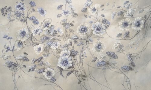 Papier peint floral gris et bleu avec motifs détaillés