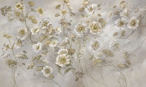 Papier peint Floral Whimsy gris et or, motif floral délicat