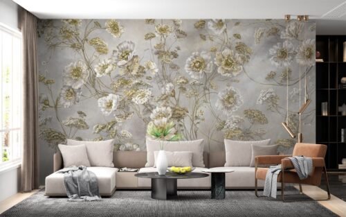 Papier peint Floral Whimsy gris et or, motif floral détaillé