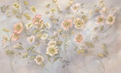 Papier peint floral whimsy 4 en or et multicolore
