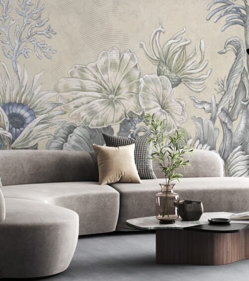Papier peint Reef Reveries gris et multicolore, motif sous-marin