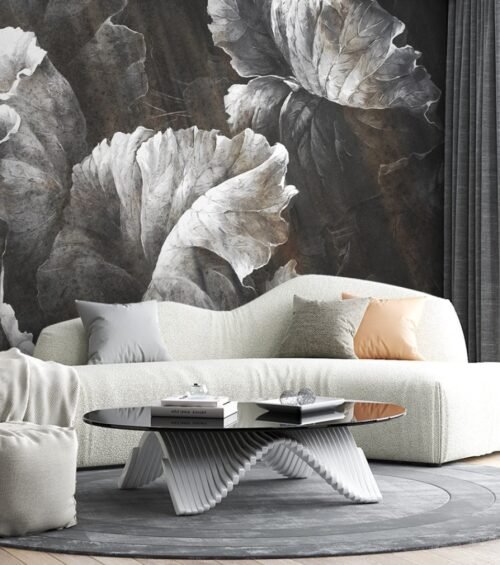 Papier peint Lush Leaves avec motif feuillage noir, blanc et marron
