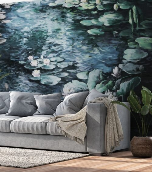 Papier peint Lilly Lake bleu vert multicolore avec motifs floraux