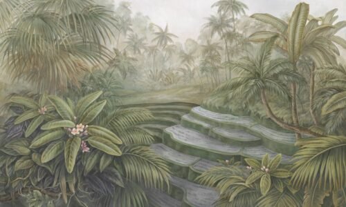 Papier peint Bali Breeze vert multicolore avec motifs végétaux