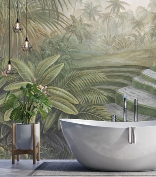 Papier peint Bali Breeze vert multicolore avec motifs végétaux
