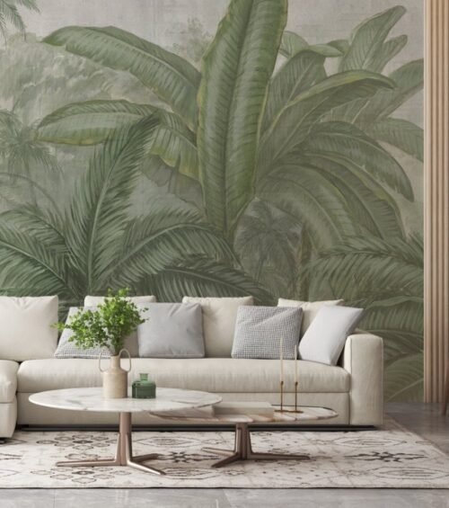 Papier peint Jungle Buzz vert avec motifs animaux et végétaux