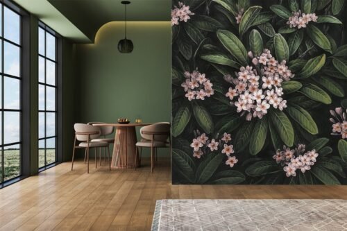 Papier peint Frangipani vert rose multicolore pour mur