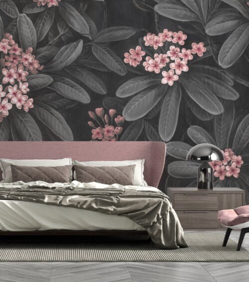 Papier peint Frangipani 2 gris, rose et multicolore sur mur