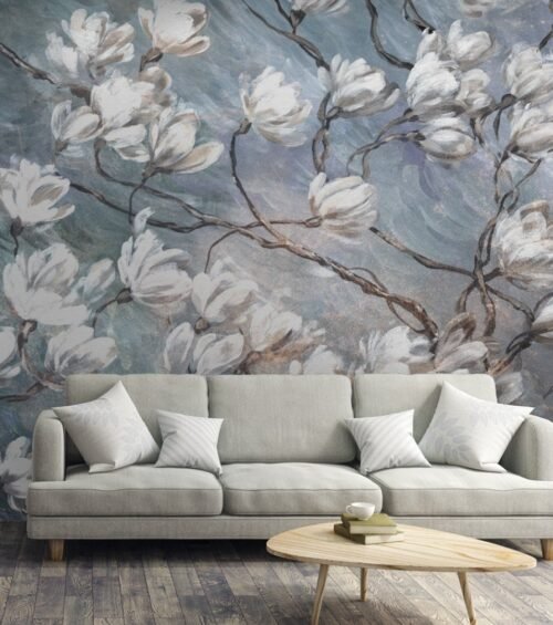 Papier peint Blue Magnolia bleu et multicolore avec motifs floraux