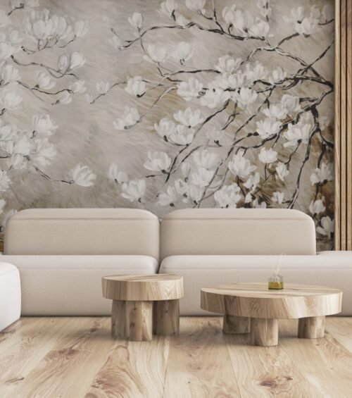 Papier peint Magnolia Grace brun avec motifs floraux subtils