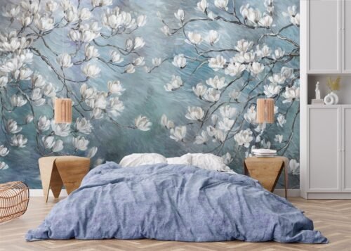 Papier peint Magnolia Grace 2 bleu, motif floral élégant