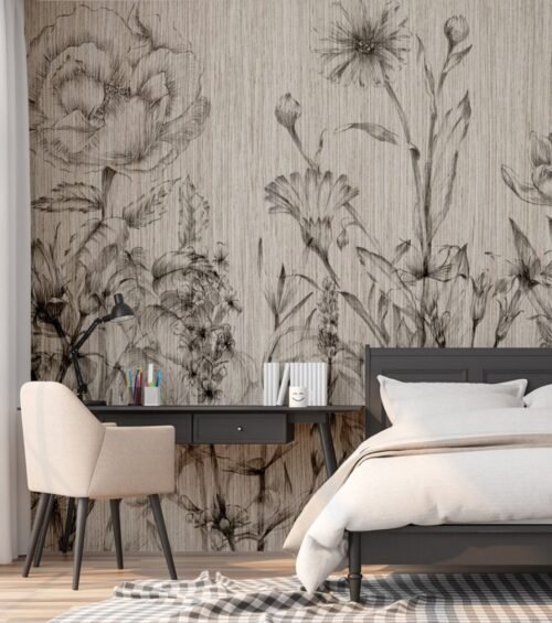 Papier peint floral noir avec motifs végétaux fins et élégants