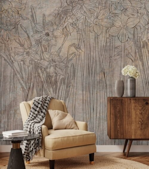 Papier peint floral marron et multicolore Daffodil Garden