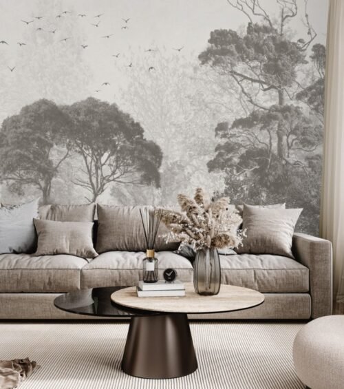 Papier peint Rainforest en gris, noir et blanc sur mur