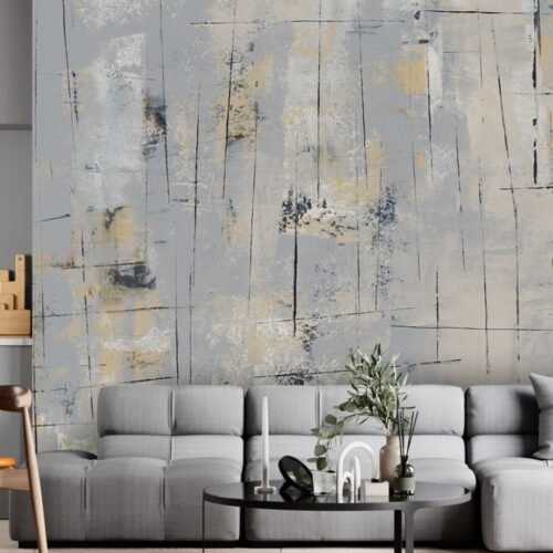 Papier peint Transcend gris, noir et multicolore posé sur un mur