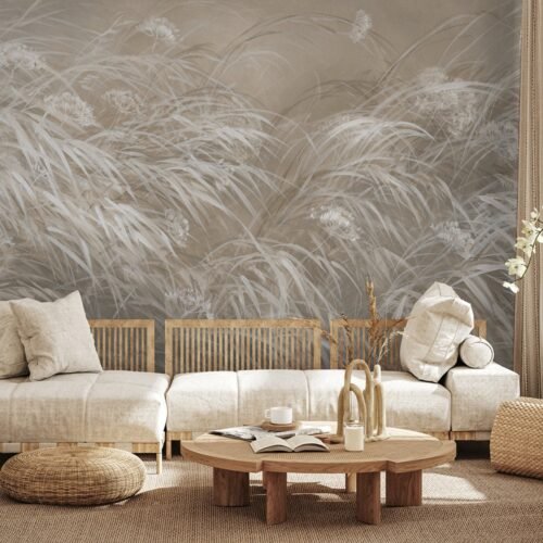 Papier peint Soft Rattle cachemire posé sur un mur blanc