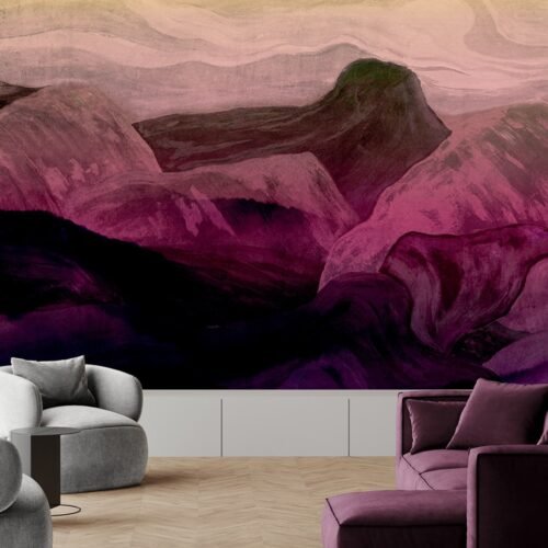 Papier peint Stone Flow 2 rose et multicolore posé sur un mur